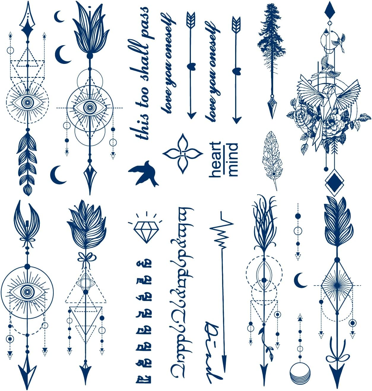 PADOUN Arrow Semi Permanent Tattoo, 6-Sheet Long Lasting 1-2 Weeks Temporary Tattoos Arrow Feather English Letter Bird Tattoo Stickers, 100% Plant-Based Ink Infinity Realistic Fake Tattoos for Women Kids Waterproof image number 1