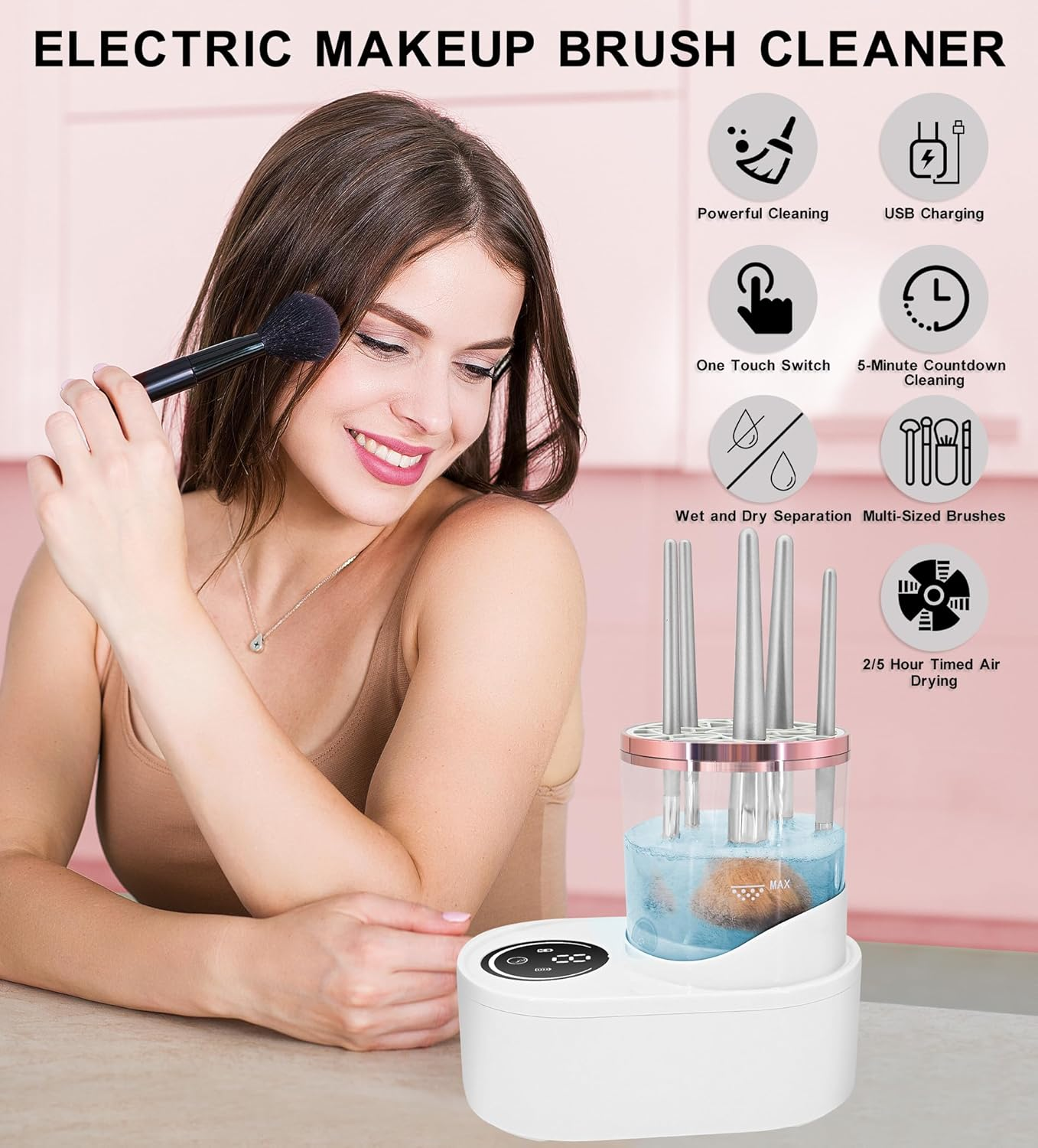 YBVABE Electric Makeup Brush Cleaner and Dryer, 4-In-1 Plug-In Automatic Brush Spinner, Powerful 360&deg; Deep Cleaning for Foundation, Eyeshadow & Blush Brushes image number 6