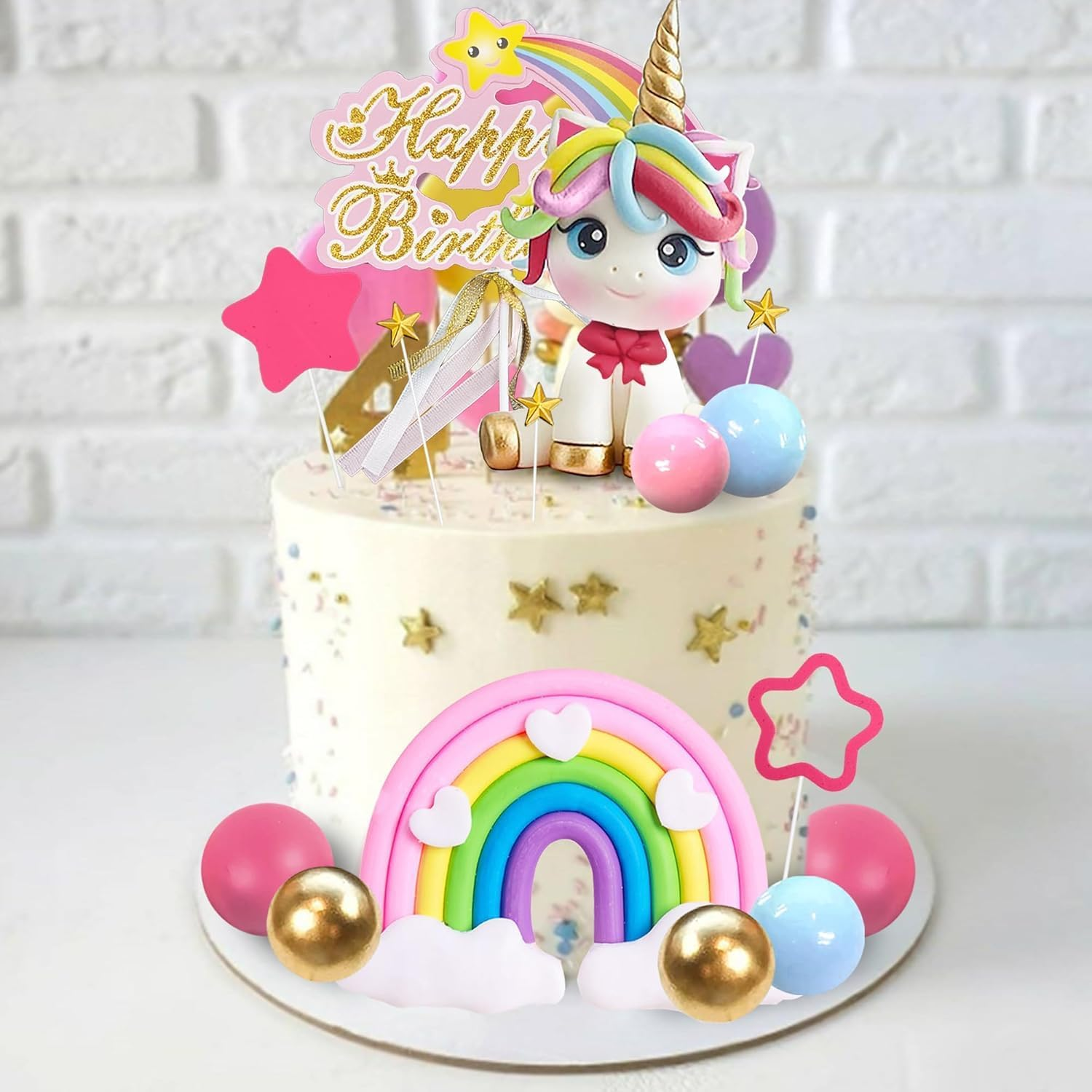 29 PCS Unicorn Cake Topper, Unicorn Rainbow Cake Decorations with Rainbow Stars Unicorn Balls Happy Birthday Cake Decorations for Boys Girls Kids Birthday Party Baby Shower Supplies image number 6