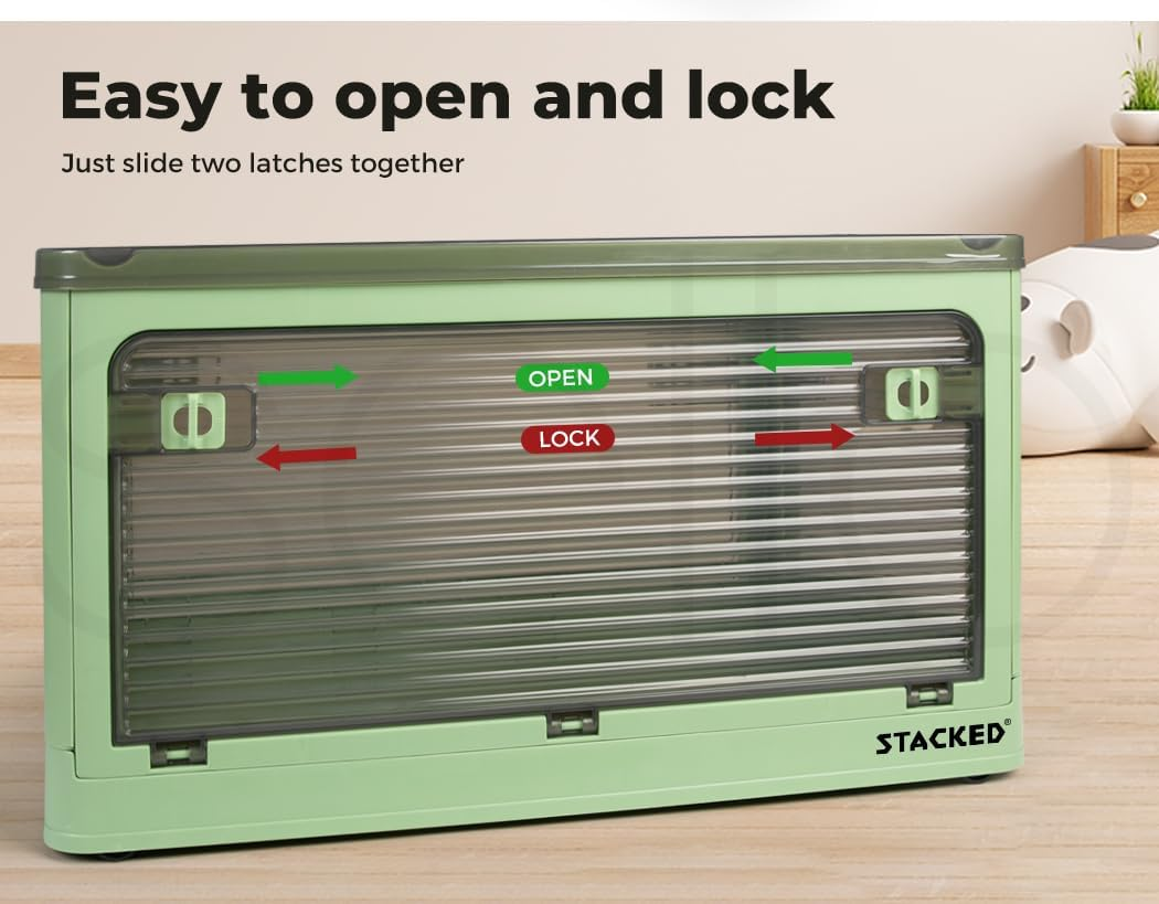 Stacked Storage Bins Stackable Plastic Container with Handle Lid Clothes Wardobe Organiser Toy Book Box Foldable 5 Side Open Wheel 55L Green image number 3