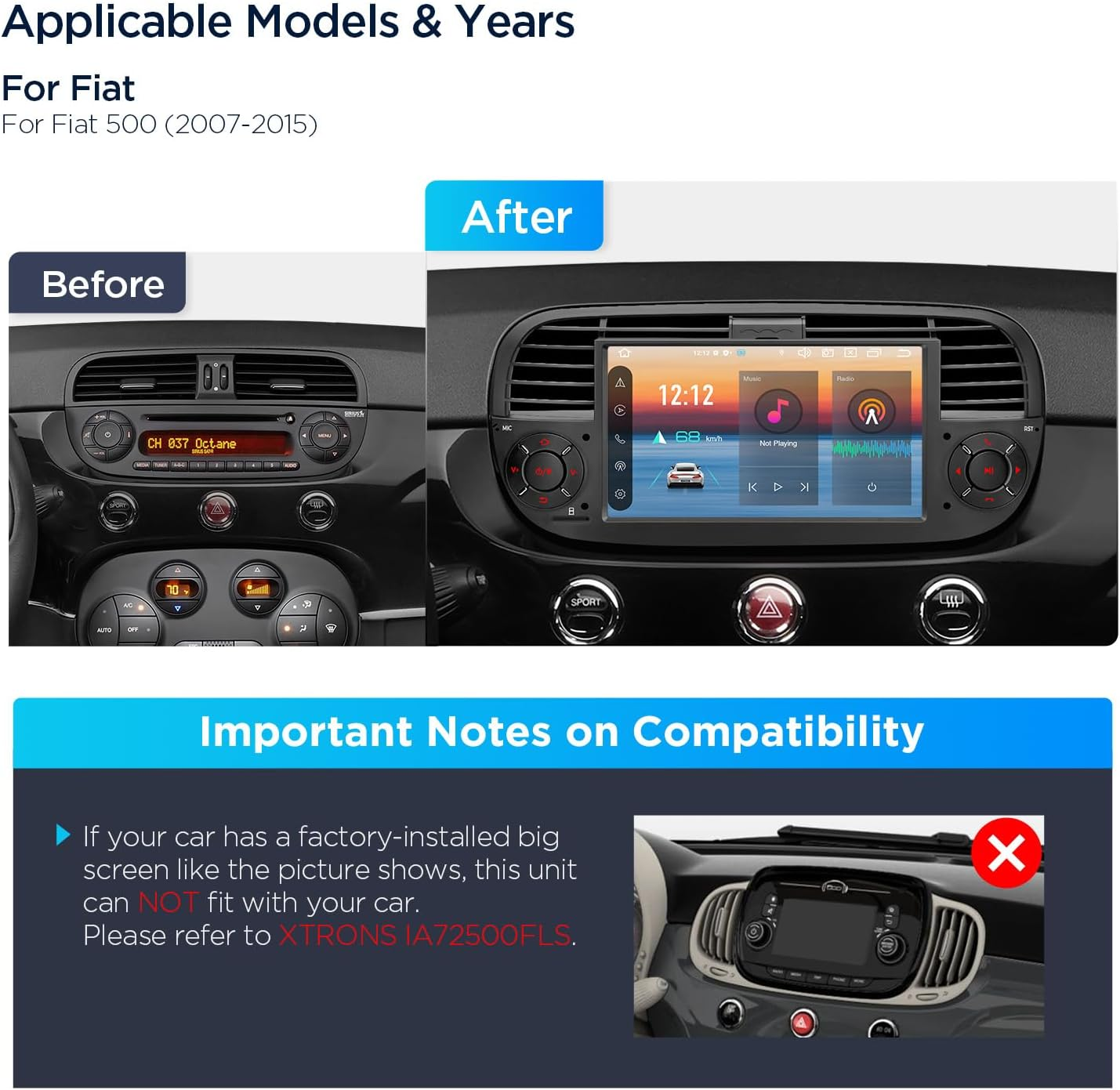 XTRONS for Fiat 500 (2007-2015) Touch Screen Radio, 7 Inch Android 14 Car Stereo for Fiat 500 Replacement Head Unit Built-In DSP Car Play Android Auto 4+64GB (Black) image number 1