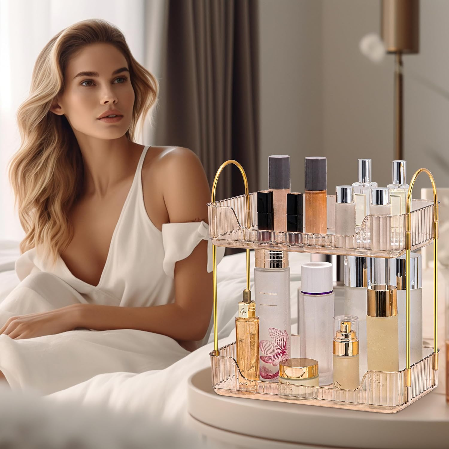 Ycia&Done Bathroom Organizer Countertop, Makeup Storage, Skincare Cosmetic Tray Shelf, Perfume Holder Rack for Vanity Counter, Large Capacity, Easy to Install, Clean, 2 Tiers, Amber Gold image number 1