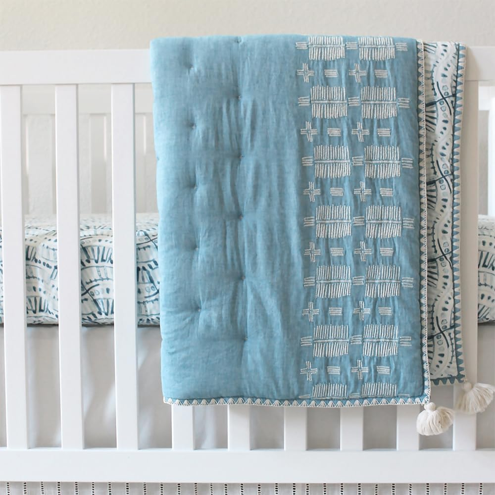 Crane Baby Blanket, 36&rdquo; X 36&rdquo;, Soft Cotton Quilted Nursery Blanket for Boys and Girls, Blue image number 3