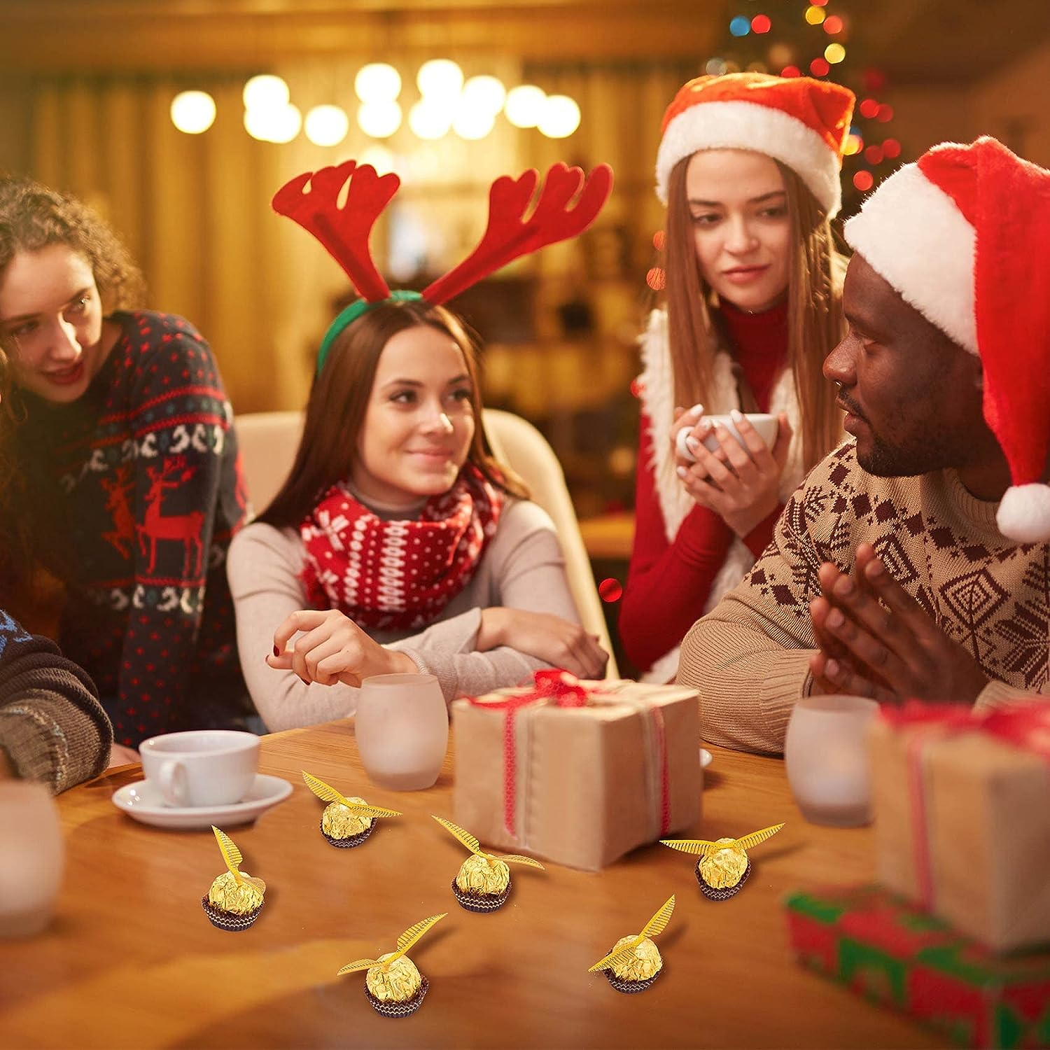 OIIKI 100PCS Wizard Party Chocolate Decoration Golden Hollowed Wings, Gold Angle Wings Candy Decor with Dot Tape DIY Party Crafts Supplies for Cake Birthday Christmas Cupcake image number 4