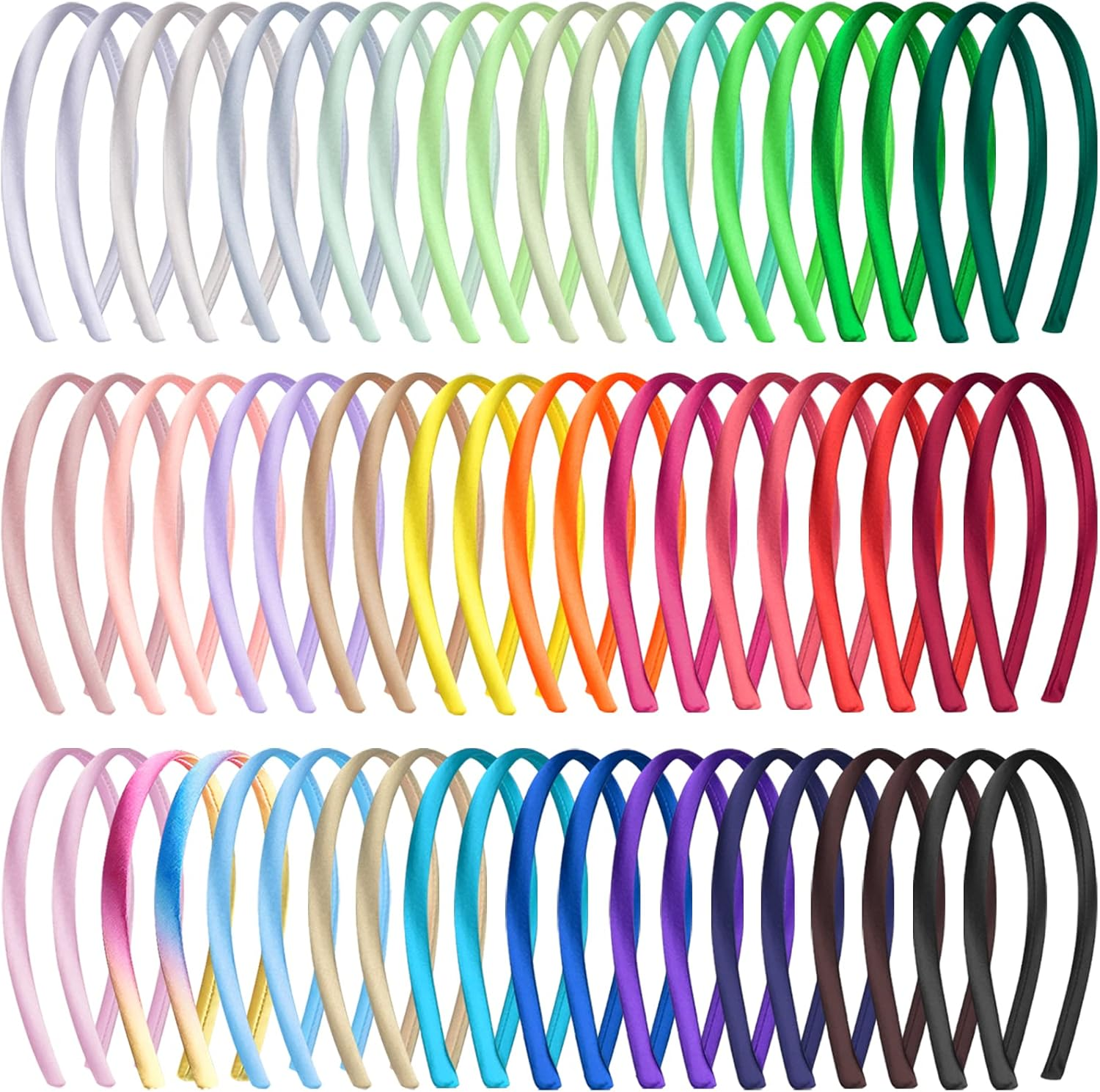 Duufin 60-Piece Satin Headbands for Girls: 30 Colors, 60 Pieces, DIY Headband, 1Cm Satin Covered Plain Headband image number 2