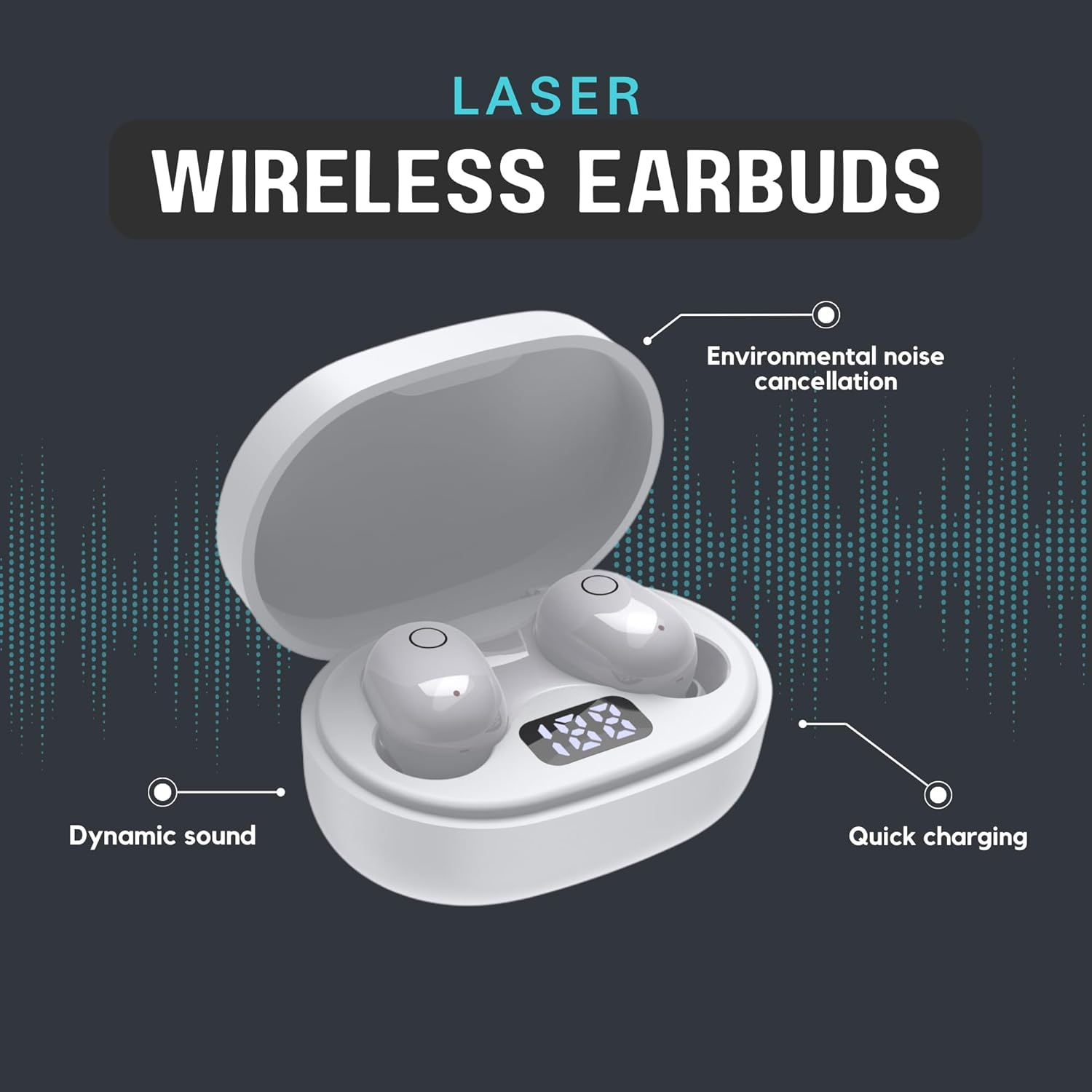 Laser TWS Mini Earbuds with ENC and LED Display White, Wireless, Bluetooth, Charging Case, Battery Level Display image number 2