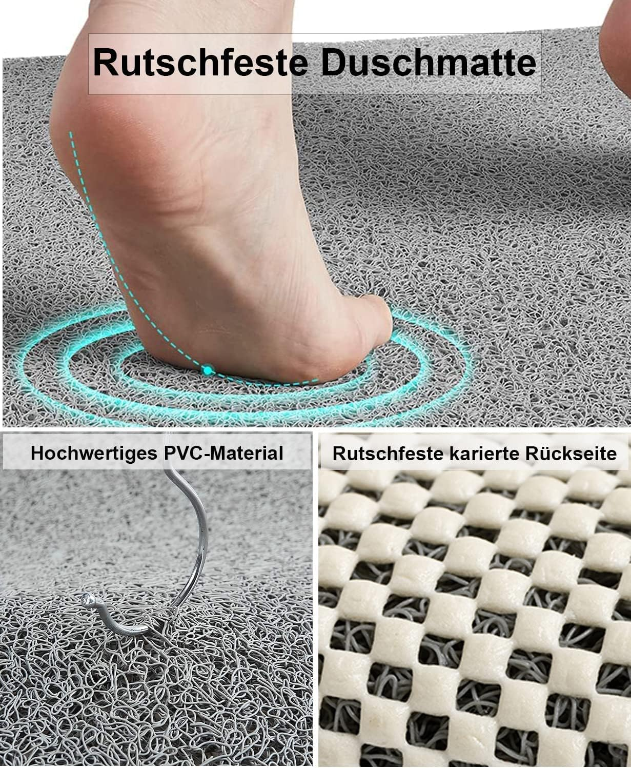 Non-Slip Shower Mat, 40 X 60 Cm, Loofah Massage Shower Mats, Bath Mat, Shower Mat with Non-Slip Safety, Permeable Bath Mat, for Bathtub and Wet Areas (Grey, 40 X 60 Cm) image number 4