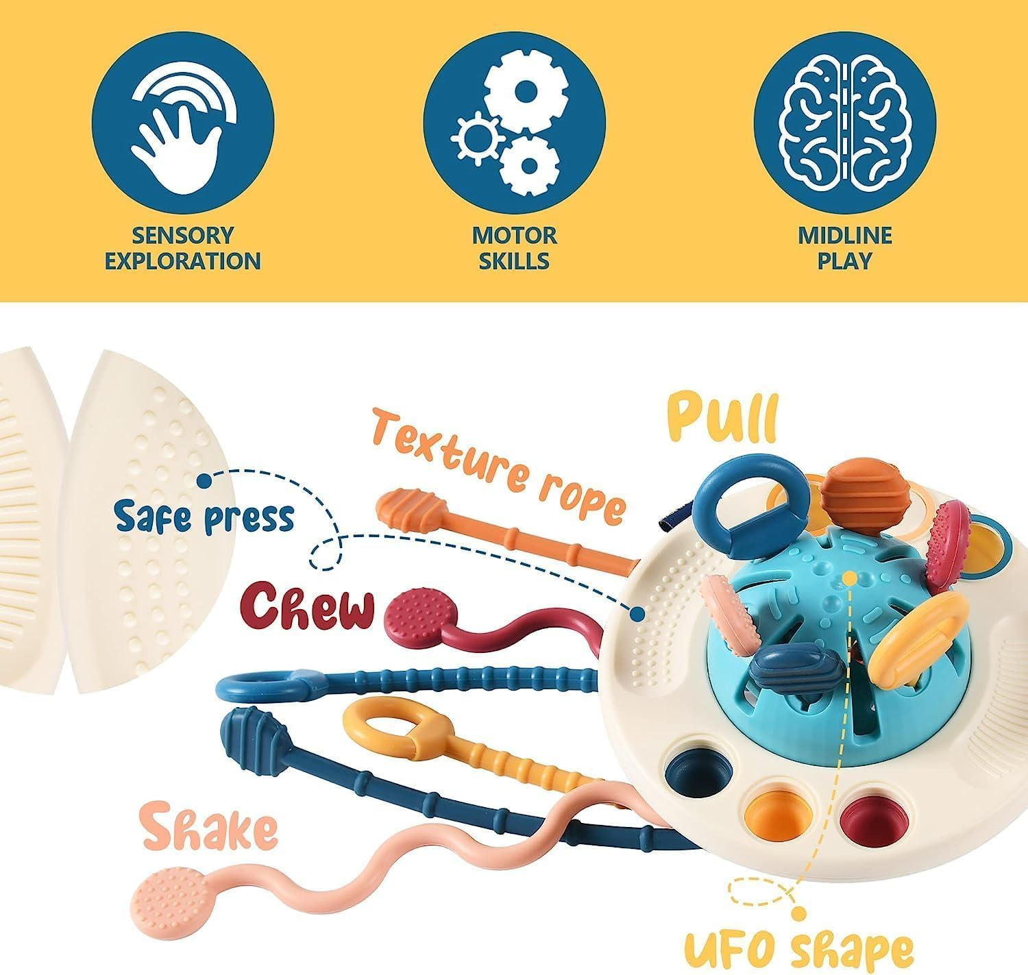 Montessori UFO Sensory Pull String Toy for Babies & Toddlers (18+ Months) - Silicone Material, Fine Motor Skills Development