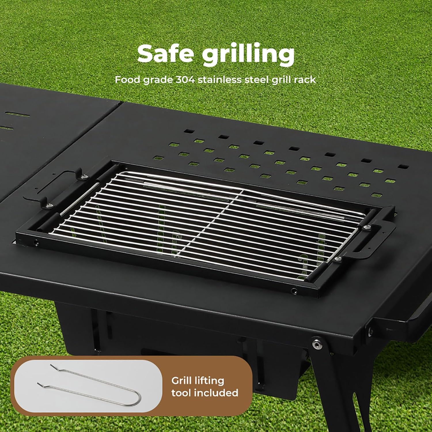 Levede Foldable Camping Table with Charcoal BBQ Grill Rack, Outdoor Portable Folding Steel Grill Desk with Lamp Bracket Hook, Cooking Barbecue Picnic Hiking Furniture Patio Dining Balcony Large Black image number 3