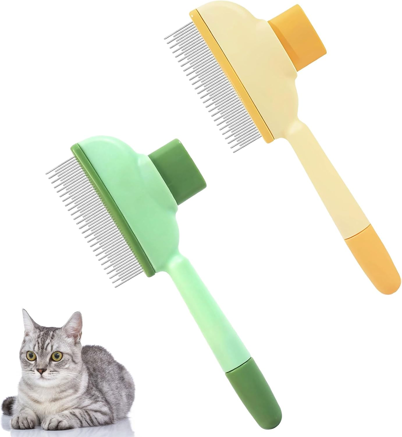Cat Brush, Cat Brush, Fur Flash Brush, Fur Brush Cat, Flea Comb for Cats, Self-Cleaning Pet Brush, Lice Comb for the Care of Short and Long Hair, Yellow/Green, Pack of 2 image number 3