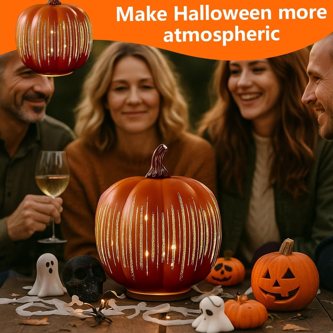 1 Piece Twinkle LED Light Pumpkins Starry Night Pumpkins Timer Illuminated Sparkling Starry Night Glass Pumpkin Light Decorations for Bedroom Hallway Orange image number 1