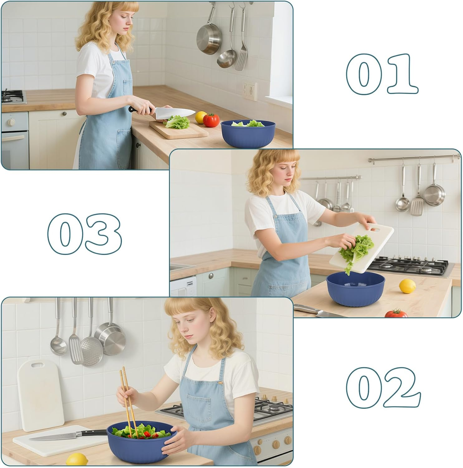 VINATO Salad Bowl with Lid, Set of 4, 0.4L/0.78L/1.4L/2.2L, Bpa-Free, Made of TPE + PP for Kitchen, Camping, Microwave, Dishwasher & Fridge Safe, Bowl with Lid, Salad Bowls image number 5