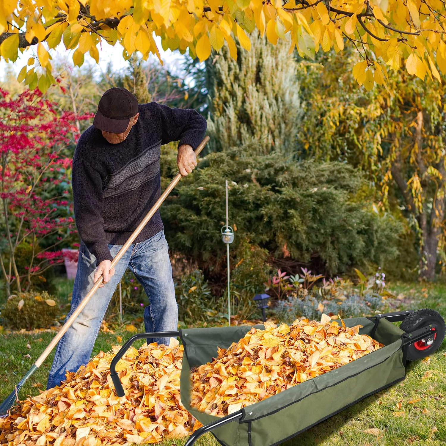 BBTO Folding Wheelbarrow Collapsible Foldable Yard Cart 88Lbs Lightweight Gardening Cart Heavy Duty Oxford Cloth Lawn Cart for Adult, Grass, Soil, Brick, Leaf, Garden Supplies, 10" Pneumatic Tire image number 6