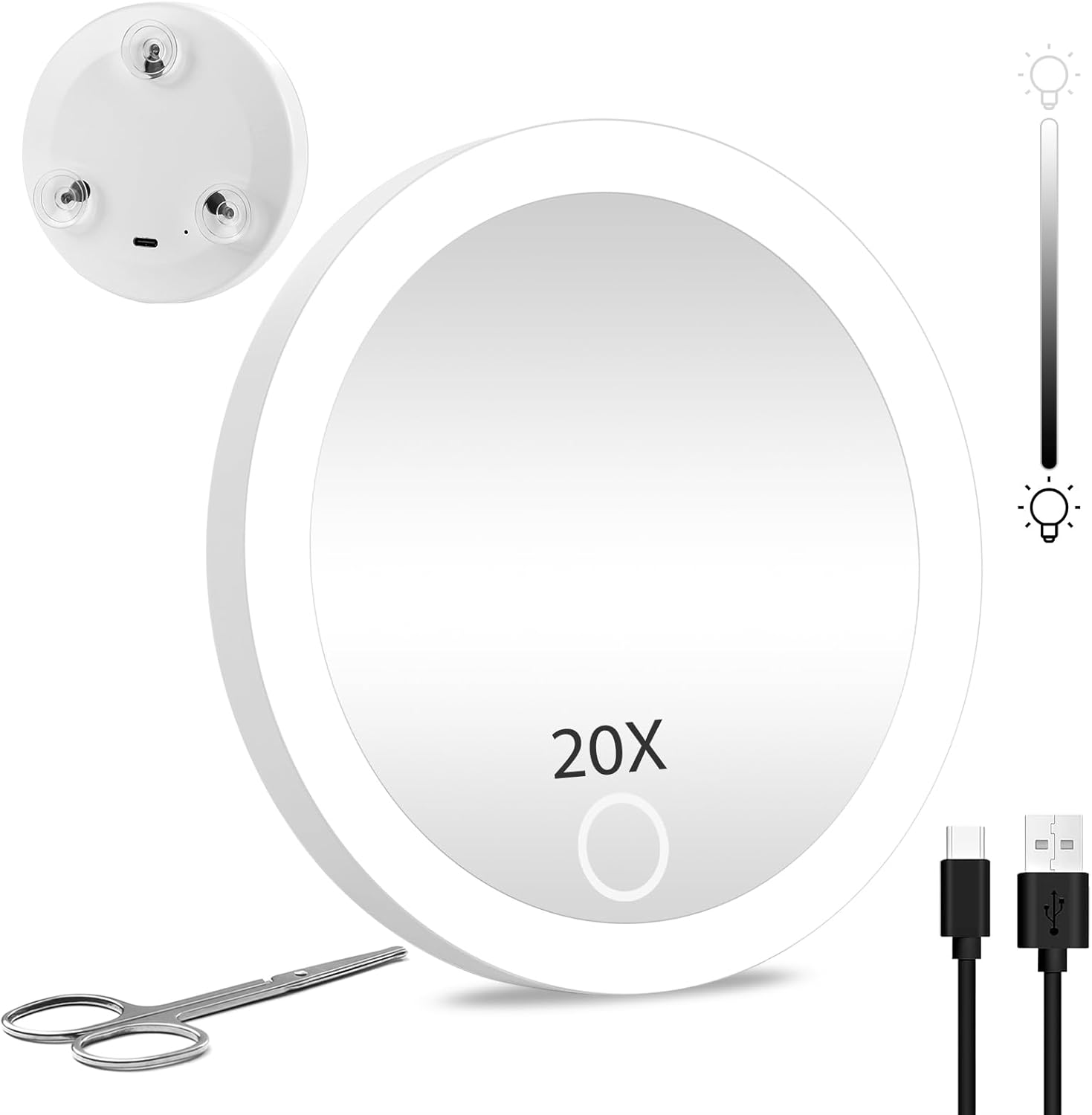 Jjhxr 20X Travel Magnifying Mirror with Lights, Rechargeable 20X Travel Magnified Mirror, 4Inch Pocket Makeup Magnification 3 Color Dimmable with Suction Cups and Scissors image number 1