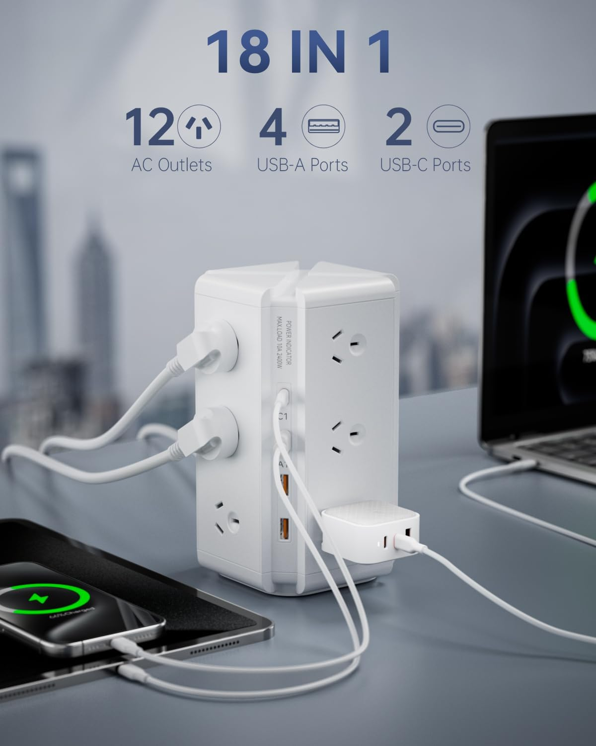 Tower Power Strip USB, USB C Powerboard Surge Protector 12-Outlet image number 1