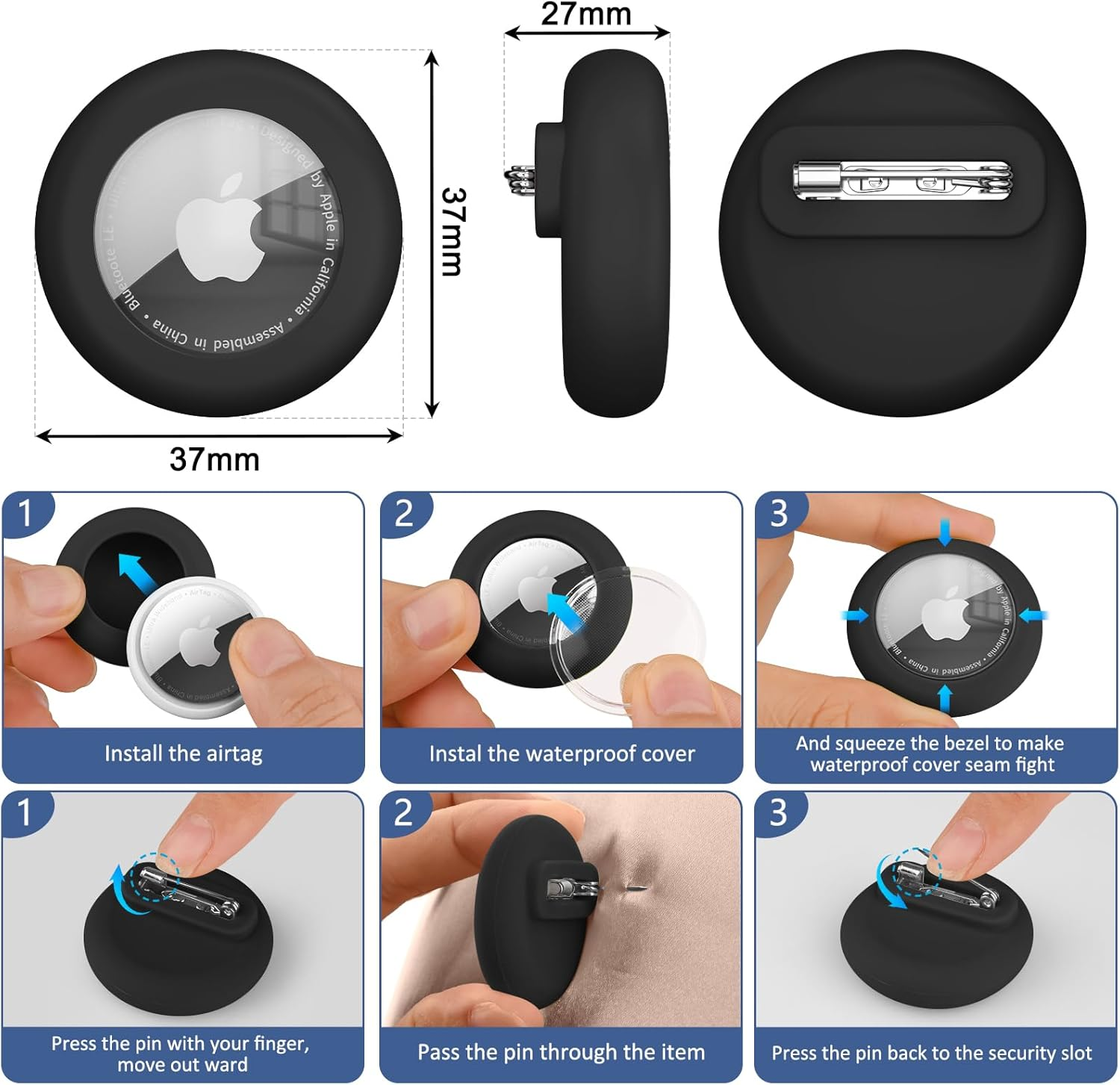 4 Pack Cases for Apple Air Tag Holder, Soft Silicone Air Tag Case for Kids with Invisible Pin, Safety Pins Hidden inside Clothes,Backpack, GPS Tracker Holders for Children Elderly - Black+White+Deep Blue+Dark Grey image number 4