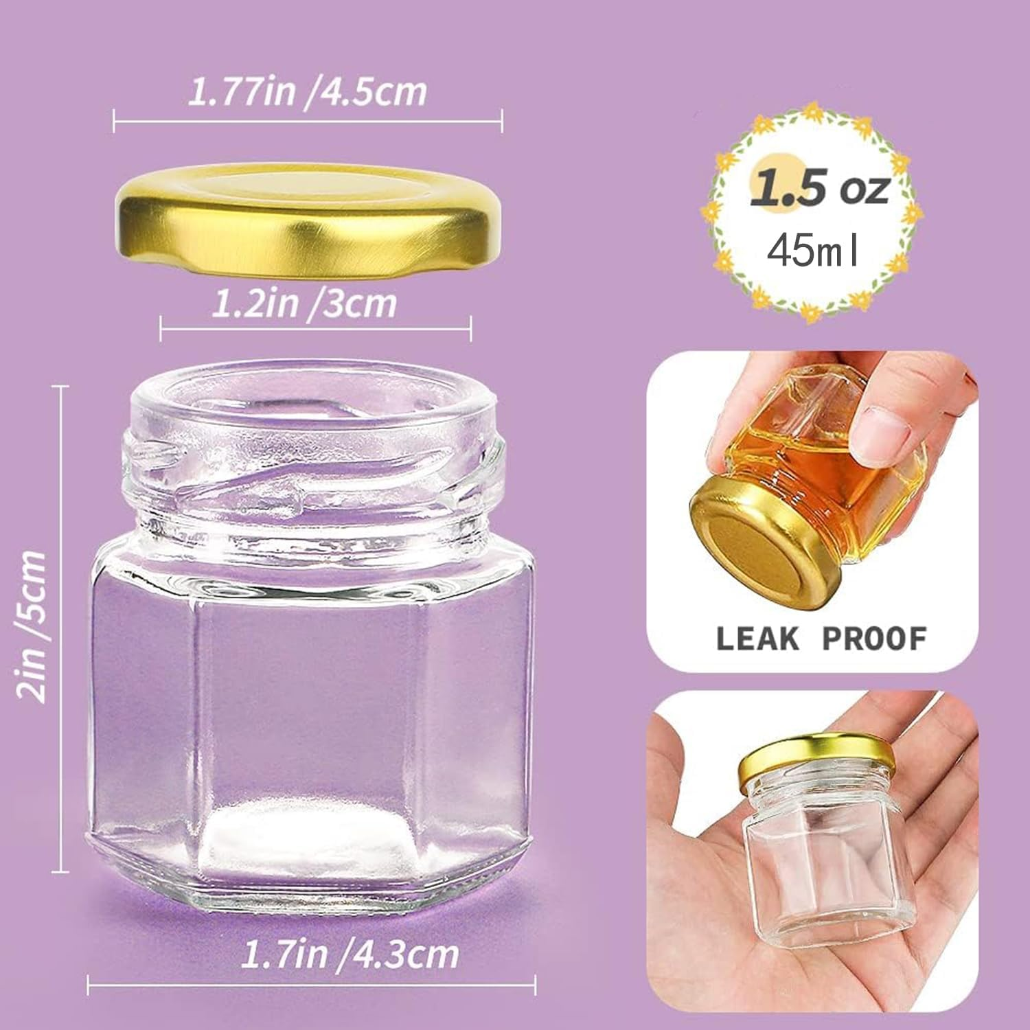 PARTY BESTBUY 10PCS Hexagon Glass Honey Jars, 1.5Oz/45Ml Mini Glass Jars with Lids, Mini Candy Jars with Gold Lids, Clear Storage Canning Jar for Candle Making,Spices,Baby Shower,Wedding,Party Favors image number 5