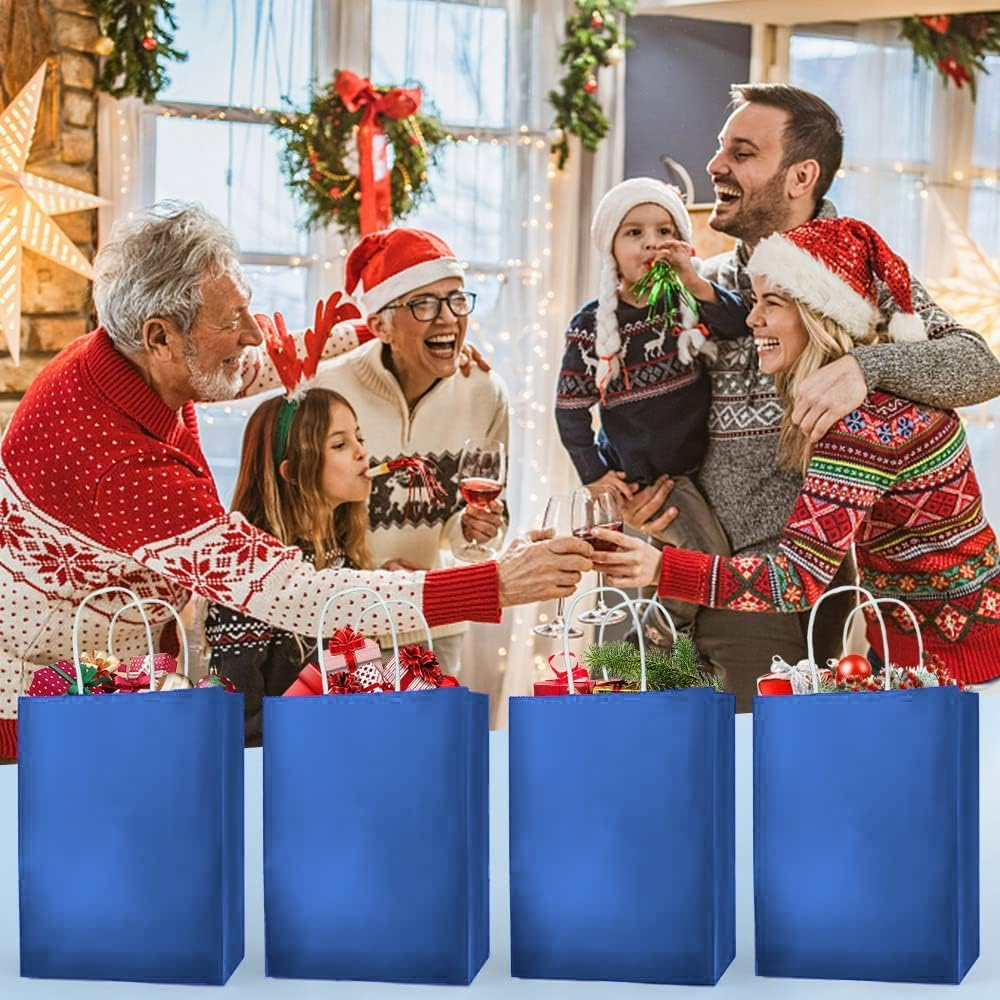 100 PCS Paper Bags with Handles,21 * 15 * 8CM Small Gift Bags,Kraft Paper Bags for Birthday Party Favors,Retail Shopping,Wedding,Christmas Bulk,Lunch (Blue)