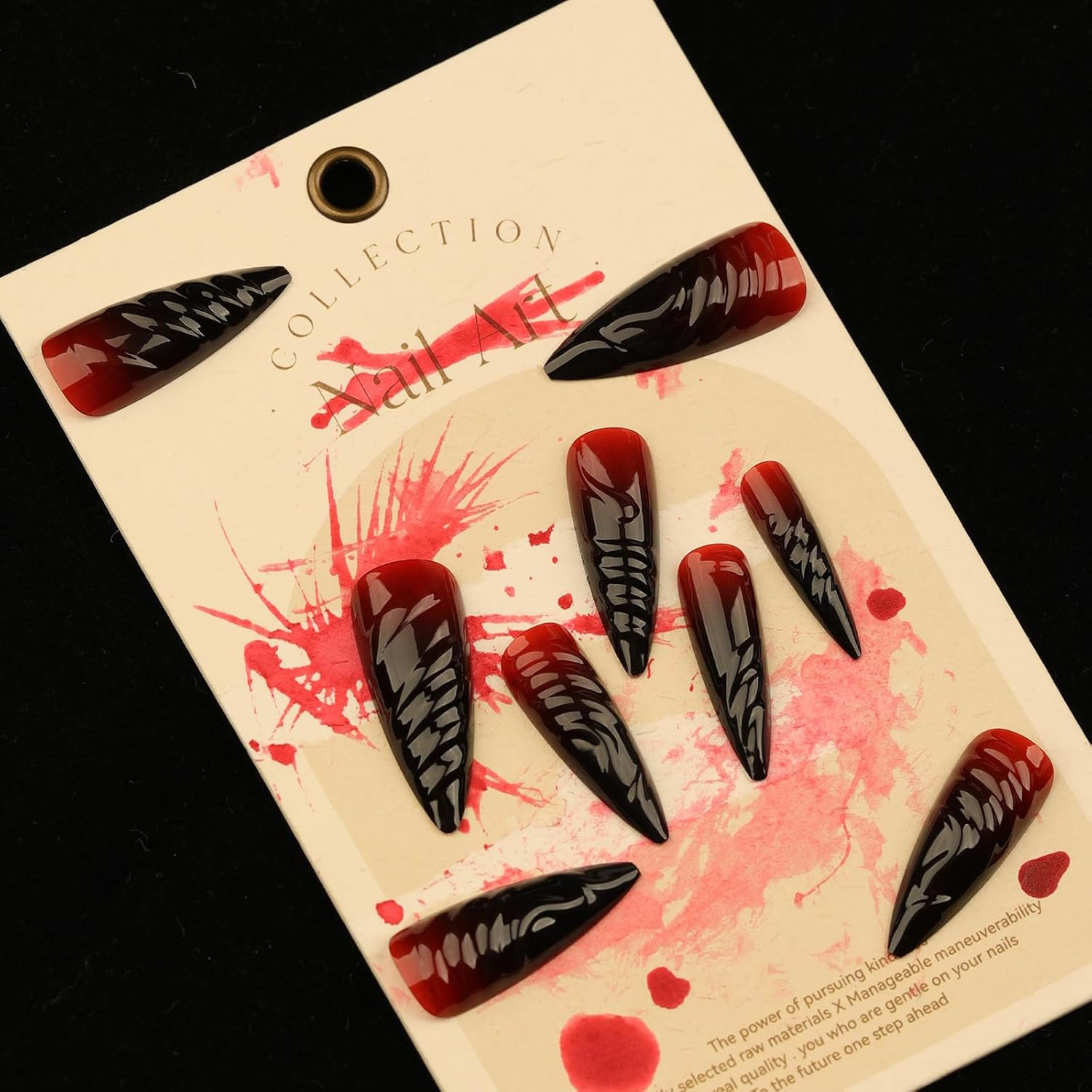 MISUD Stilettos Long Glossy Fake Nails Glue on Nails Gothic Almond Acrylic Fake Nails Gothic Red Black Gradient Fake Nails 3D Design Fake Nails 24PCS image number 6
