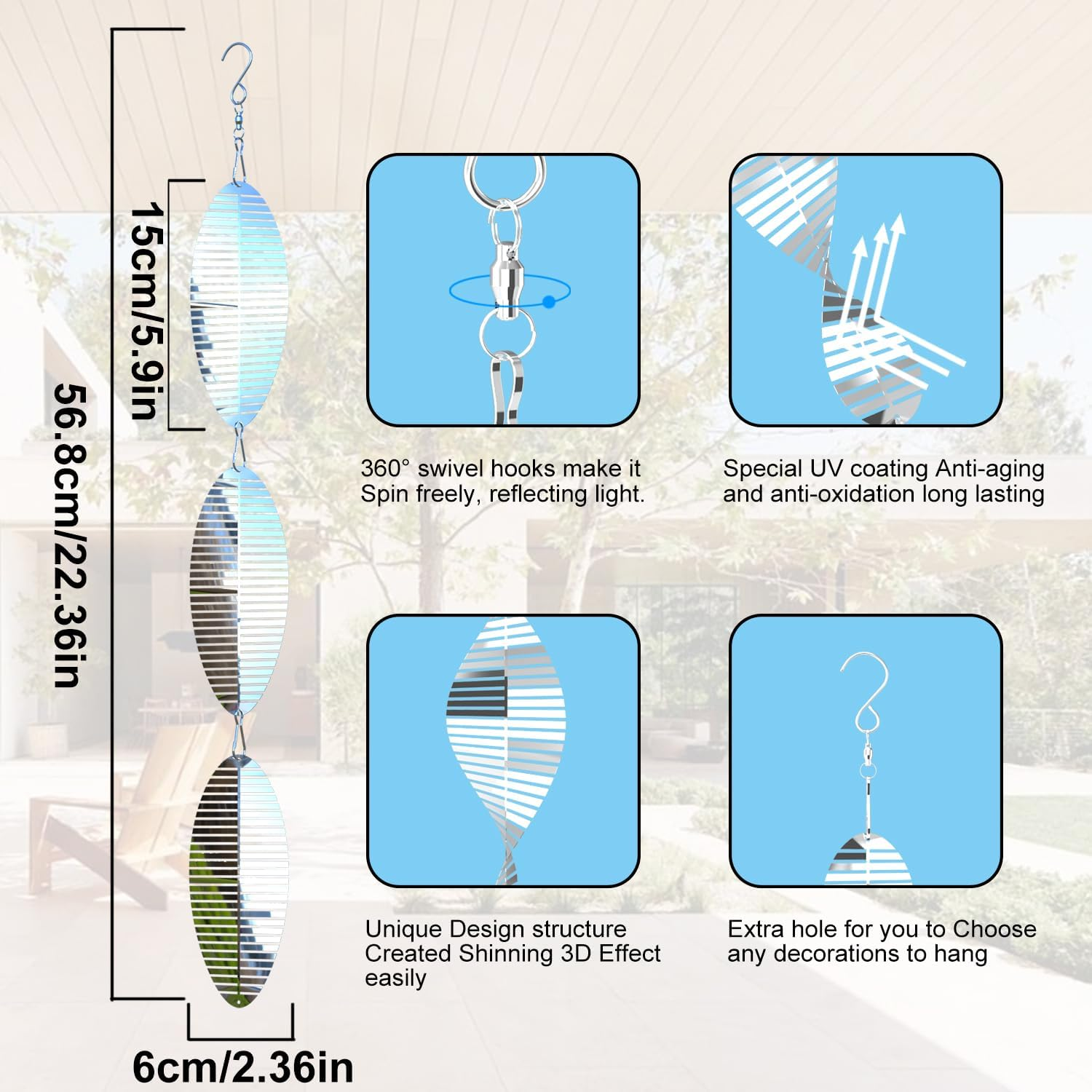 3 * 3 Stainless Steel Bird Scarer Discs Set, 3D Reflective Helix Wind Spinners Bird Reflector & Sparkly Metal Outdoor Garden D&eacute;cor Sculpture Ornaments, Deterrent to Scare Pigeon Away Yard Patio Farm image number 4