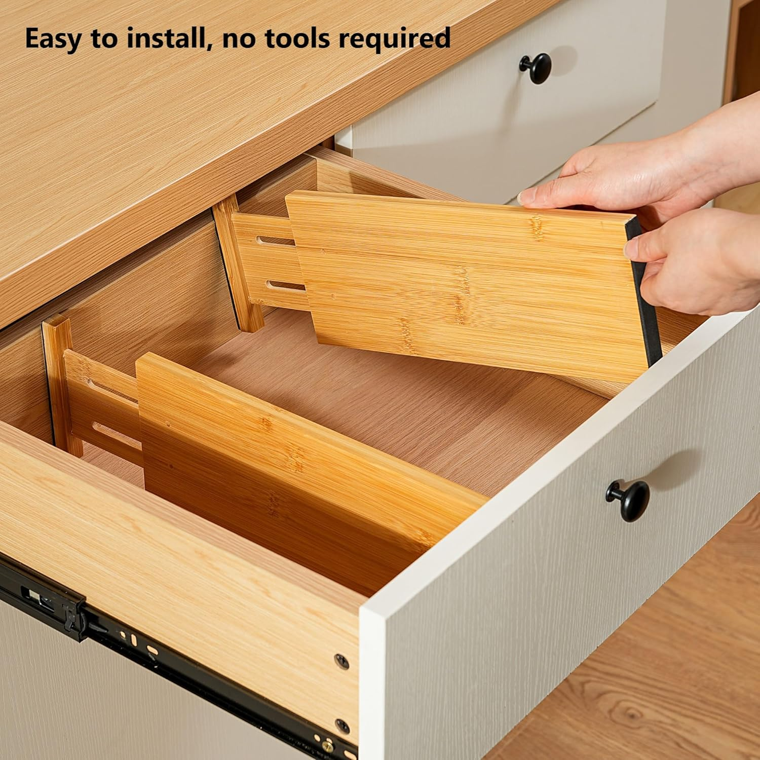 Fabsome Dresser Drawer Organizers 6 Pack, 4.65'' High Adjustable from 12.5-17&lsquo;&rsquo; Bamboo Drawer Dividers for Clothing Baby Clothes, Wooden Separators for Dresser Nursery Organization with Soft Foam Ends image number 4