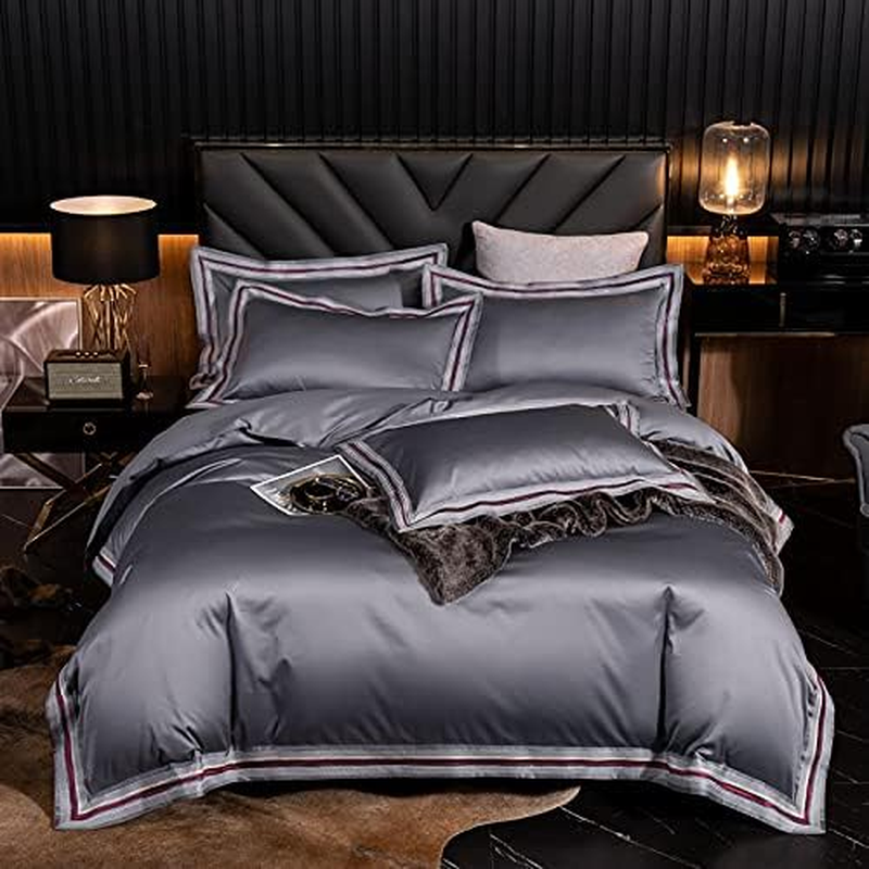 Luxury Satin Bedding 4 Piece 500TC Egyptian Long-Staple Cotton Sateen Comforter Cover Sets Super Soft Quilt/Duvet Cover Set with Fitted Sheets (Color : Graey A, Size : 200X230-150X200Cm) image number 1
