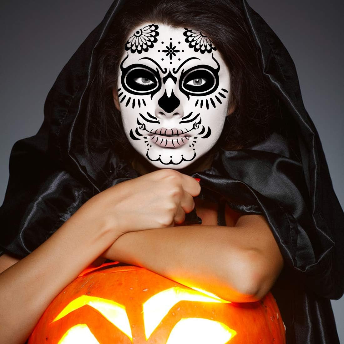 Day of the Dead Sugar Skull Temporary Face Tattoo Kit, 9 PCS Web Face Tattoo for Halloween, Party,Costume, Men, Women image number 2