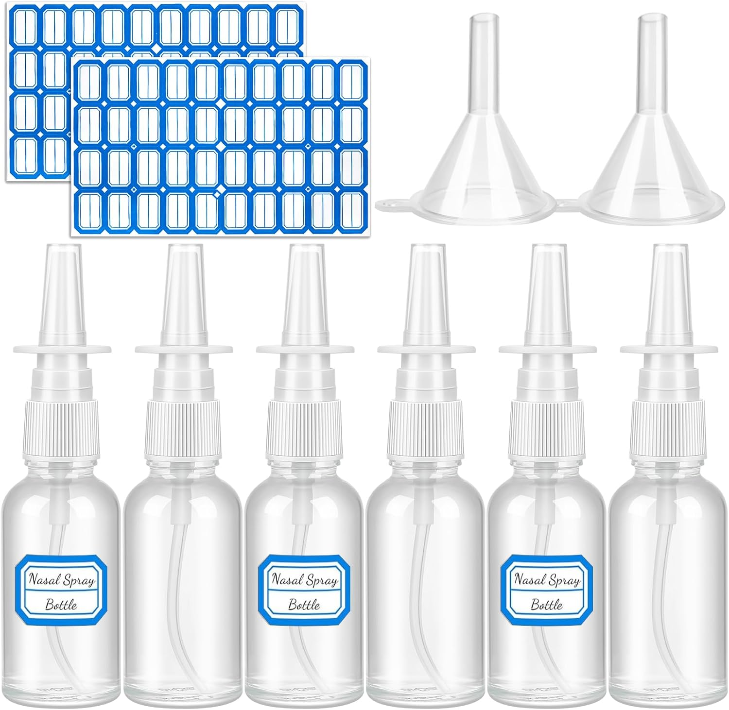ZHWKMYP 10 Pcs Nasal Spray Bottle Empty, 30Ml/1Oz 6 Pcs Refillable Nasal Spray Bottle Fine Mist Glass with 2 Pcs Funnels and 2 Pcs Labels