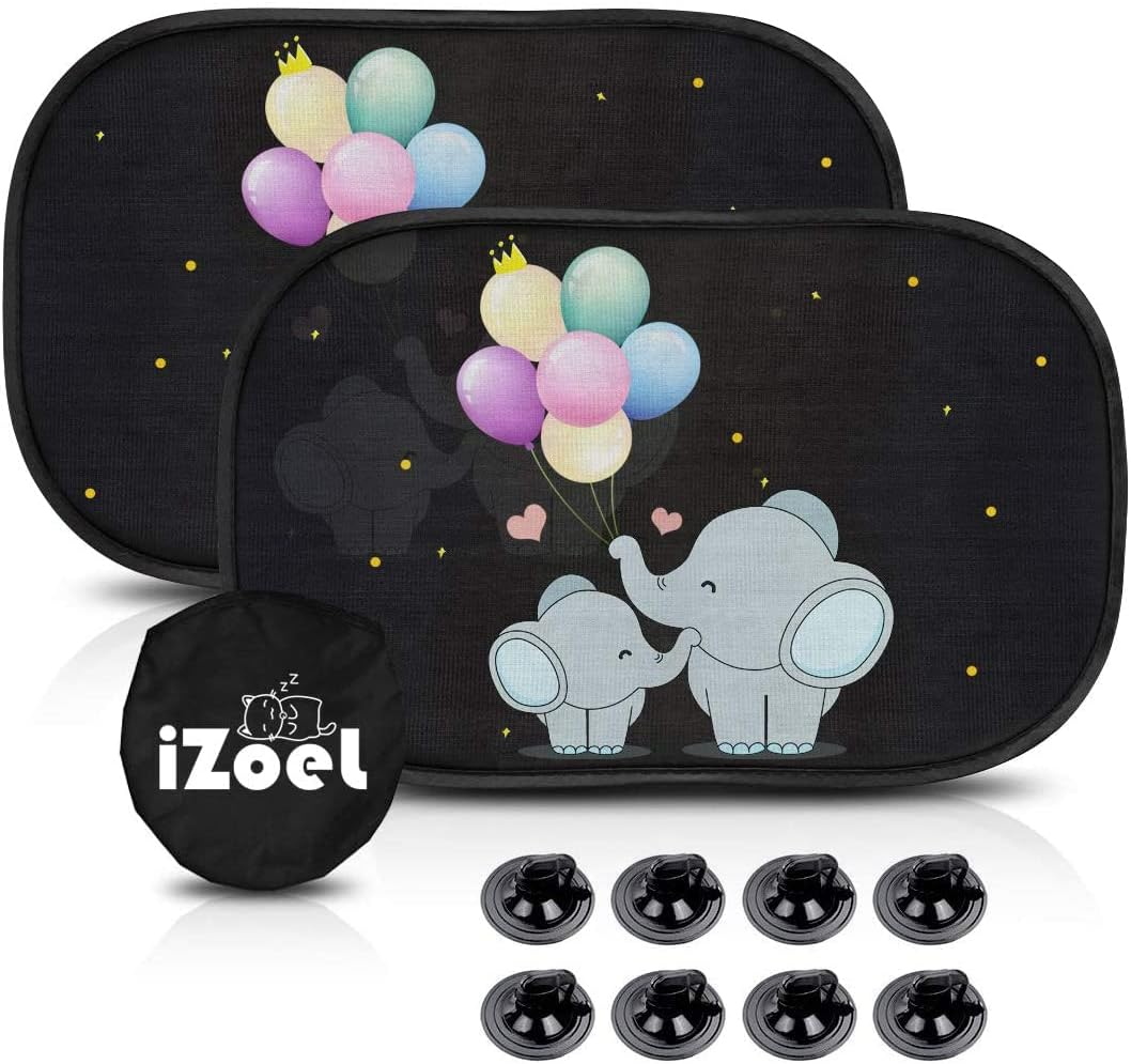 Izoel Car Sun Shade for Baby Kids 2 Pack Static Cling Side Window Car 80GSM Rear Sunshades Universal with 8 Suction Cups and Storage Bag - Sun Glare and UV Rays Protection (Unicorn)