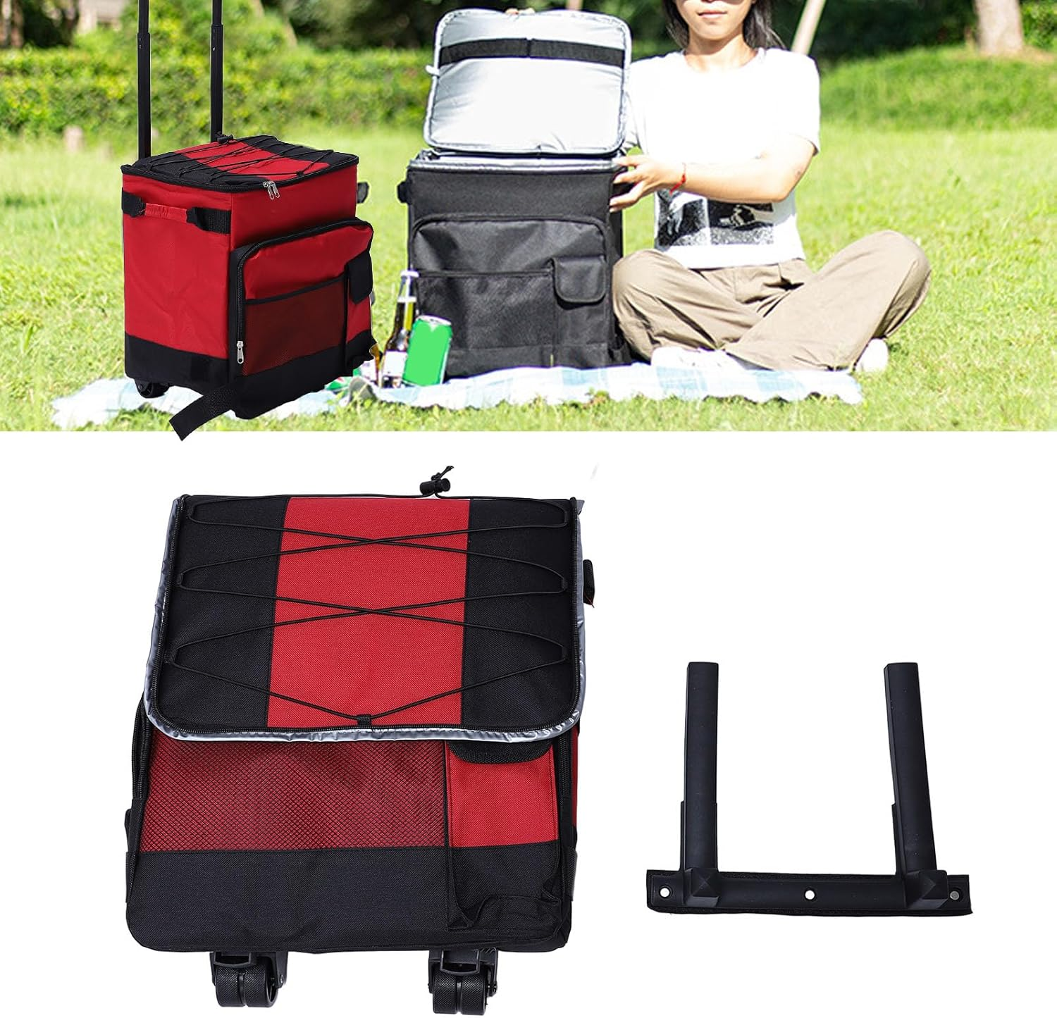 Rolling Cooler on Wheels 43L Large Capacity Waterproofing, Foldable Rolling Insulated Box All Terrain Wheels for Camping Picnic Red, Small Cooler with Wheels, Foldable Rolling Cooler Bag image number 4