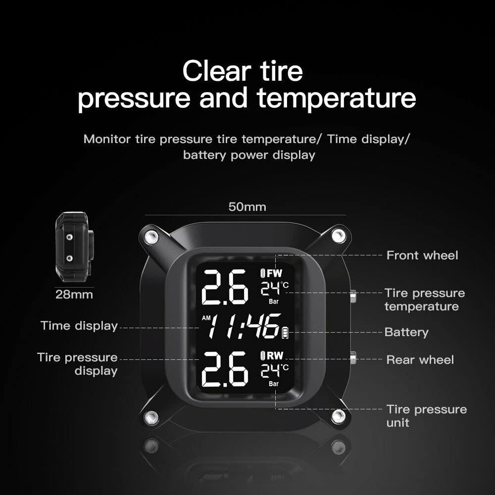 Waterproof Motorcycle TPMS Tire Pressure Monitor Systems Wireless with 2 Sensors, LCD Display, PSI and BAR Optional image number 2