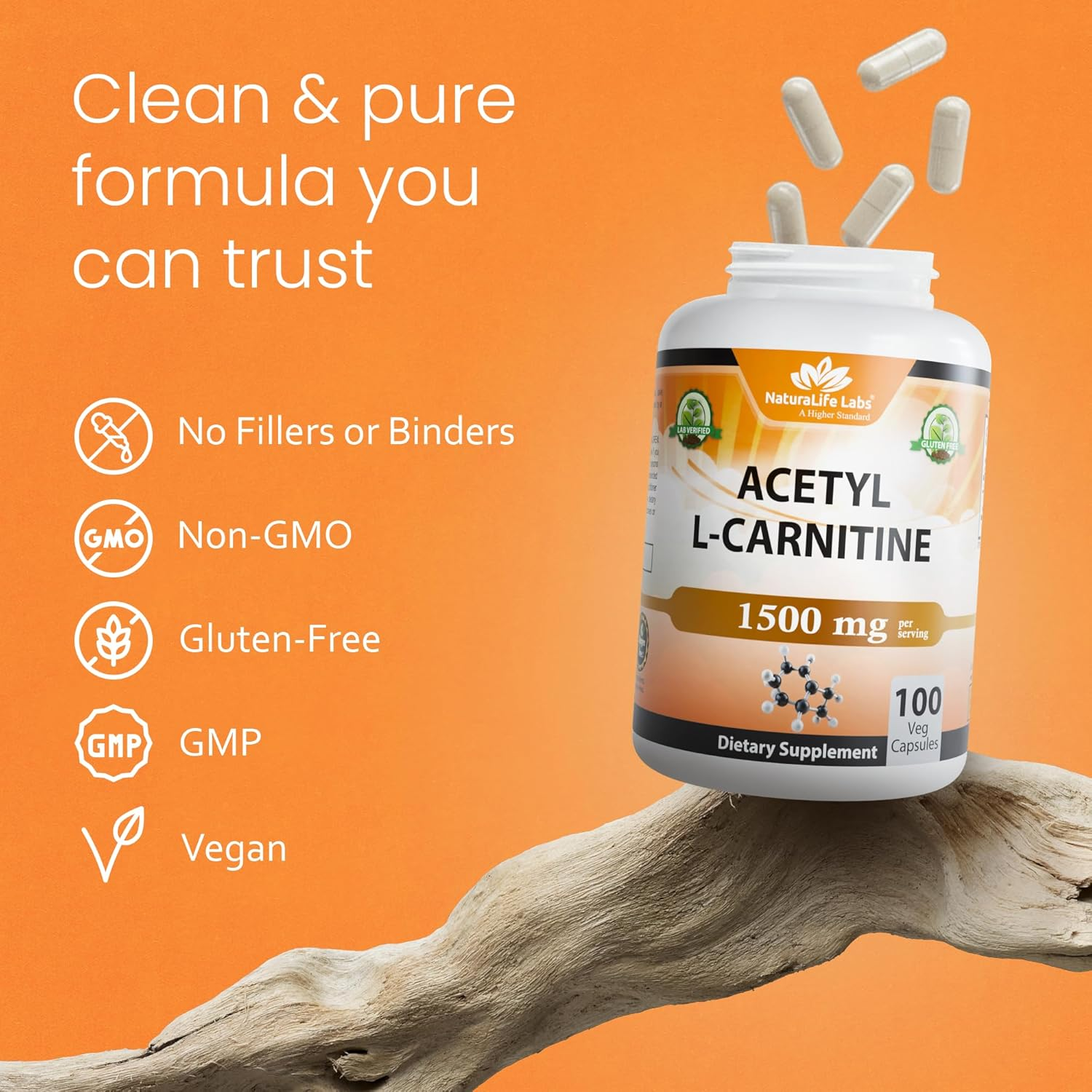 Acetyl L-Carnitine 1,500 Mg High Potency Supports Natural Energy Production, Supports Memory/Focus - 100 Veggie Capsules image number 4