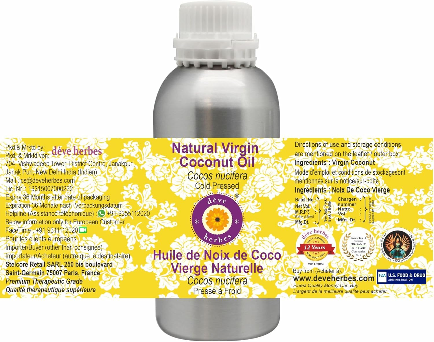 Deve Herbes Natural Virgin Coconut Oil (Cocos Nucifera) Natural Therapeutic Grade Cold Pressed 630Ml (21 Oz) image number 5