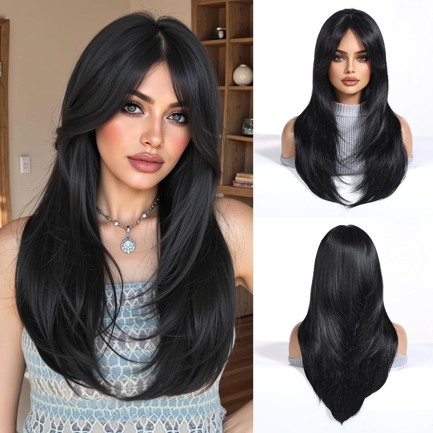 Esmee Long Straight Black Wigs for Women Synthetic Layered Brunette Synthetic Hair Wig with Fringes for Daily Party Cosplay Use 24 Inches