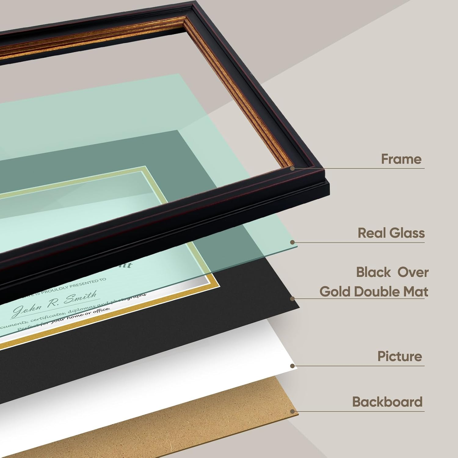 Golden State Art, 11X14 Black Gold & Burgundy Color Document Frame for 8X10 Diploma/Certificate/Picture, Includes Double Mat and Real Glass (Black over Gold Double Mat, 1-Pack) image number 3