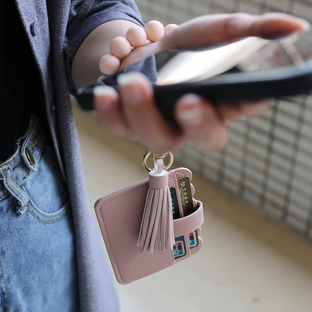 Silicone Beaded Bracelet Leather Keychain Wallet ID Card Holder Keyring Wristlet Bracelet Key Ring Chain Tassel Purse Women Girls Pink image number 1