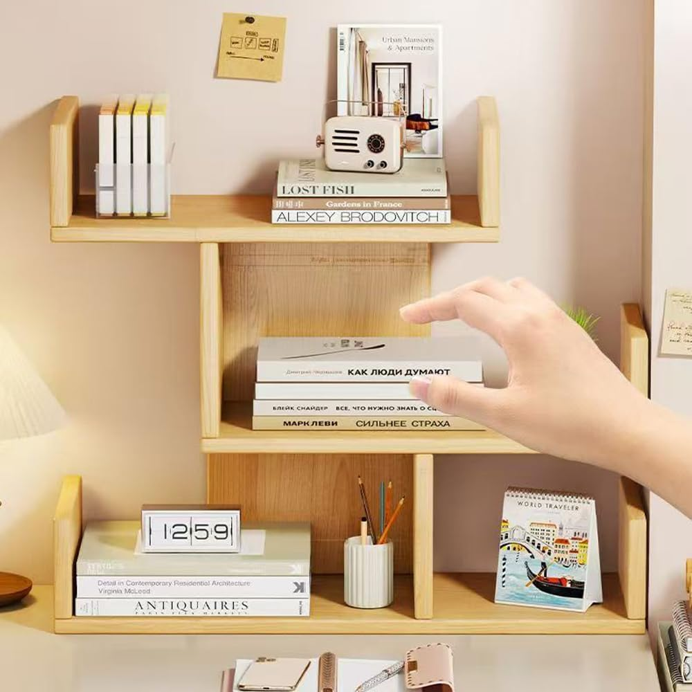 Hbluefat Desktop Storage Shelf, Small Wood Desk Bookshelf/Bookcase, Tabletop Display Rack Organisers for Books/Cds/Albums/File (Wood) - White image number 6