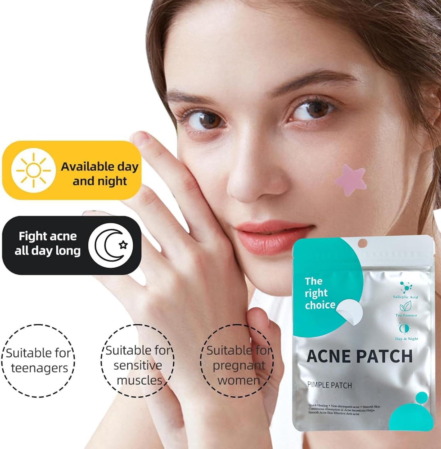 200-Pcs Pimple Patches with Hydrocolloid & Tea Tree Oil,Star Design，Hydrocolloid & Tea Tree Oil Pimple Patches with Invisible Stars (24H Use) image number 5