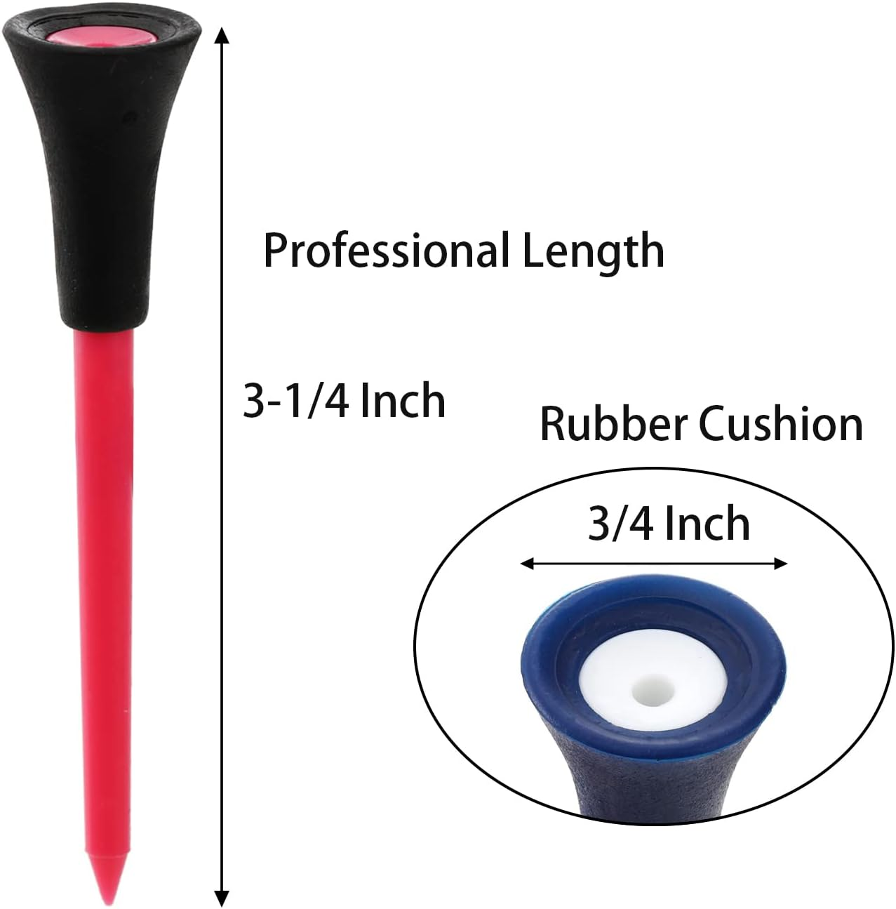 Jucoan 100 Pack Plastic Golf Tees 3-1/4 Inch with 3/4" Anti-Friction Rubber Cushion Top, Reduce Spin & Improve Accuracy &ndash; Multi-Color Durable and Stable Golf Tees for Driving Range, Course Practice