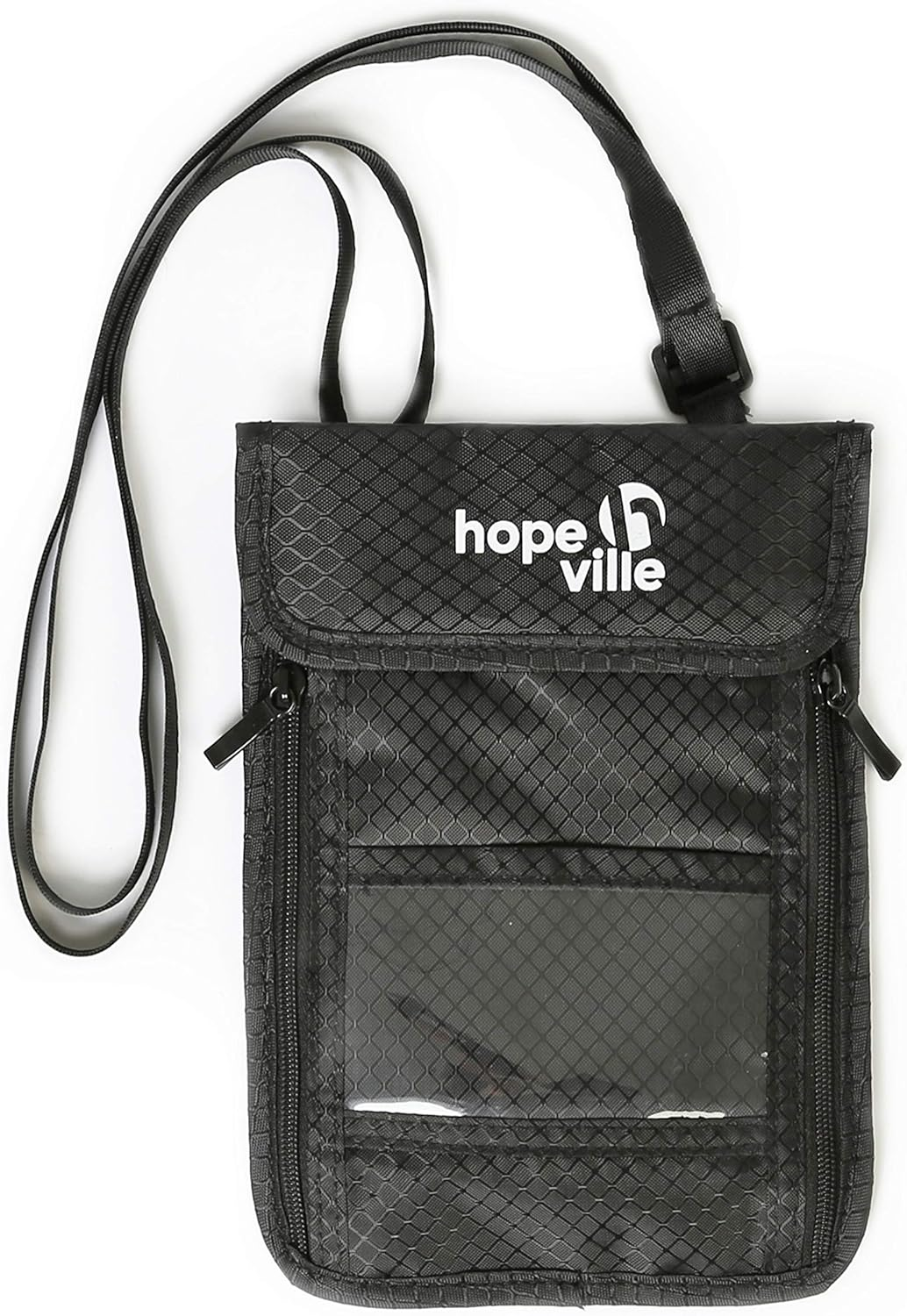 HOPEVILLE Neck Pouch with Six Compartments, Extra Flat Water-Repellent Premium Chest Pocket and Purse for Travel and Leisure, Black, 21 Cm Lang, 15 Cm Breit