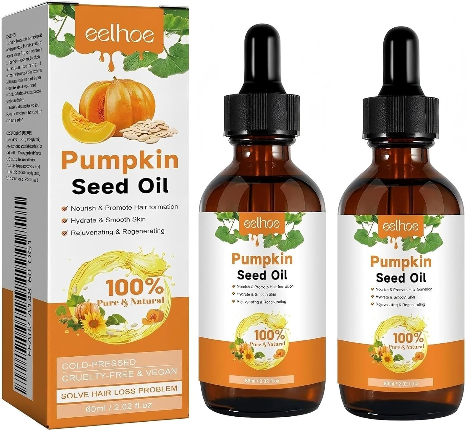2PACK Pumpkin Seed Oil - 100% Pure Pumpkin Seed Oil Cold Pressed for Skin, Face, Hair Care, Eyebrow and Eyelash - Repairing Dry, Damaged Hair - 120Ml