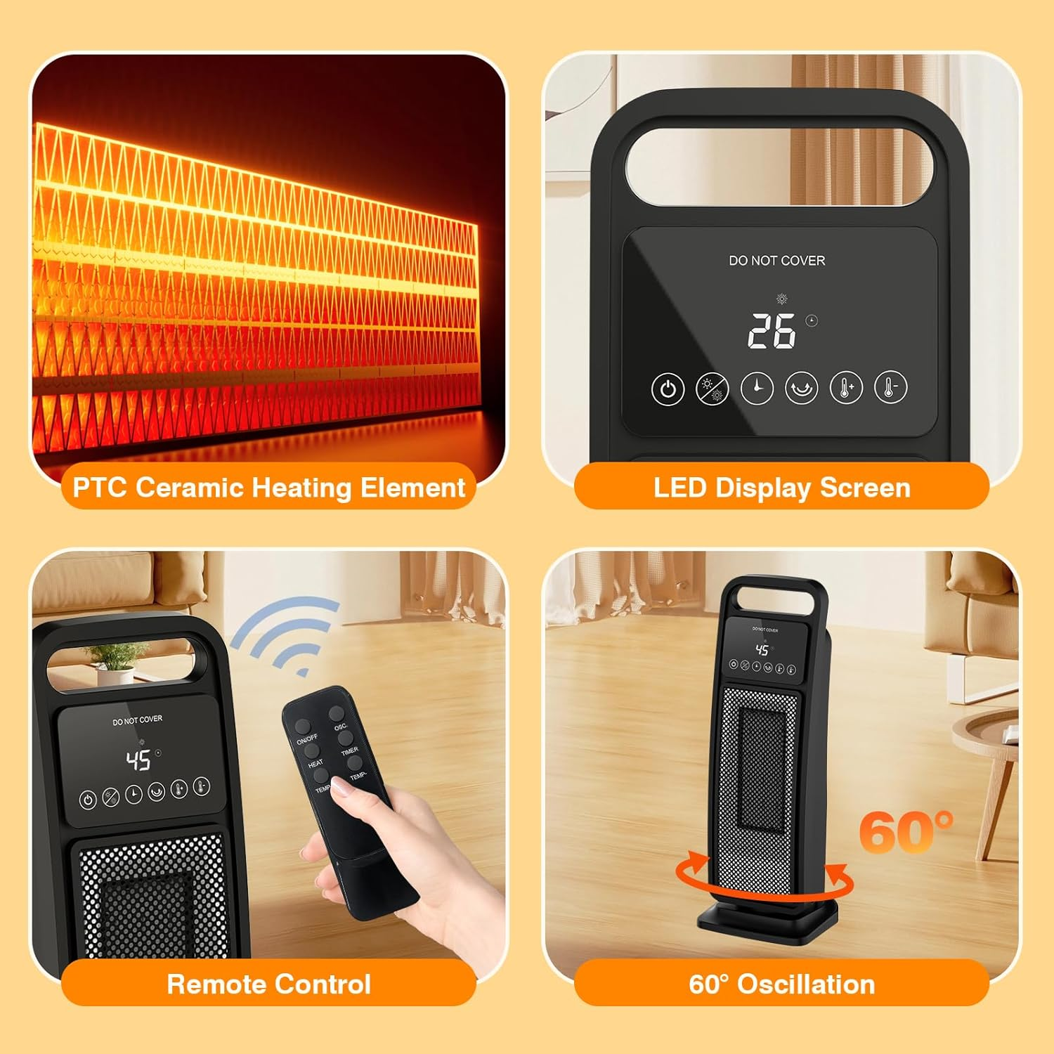 Advwin Heater 2000W Self-Regulating Ceramic Electric Portable Heater with Remote for Office, Bedroom, Adjustable Temperature, Black - Black image number 5