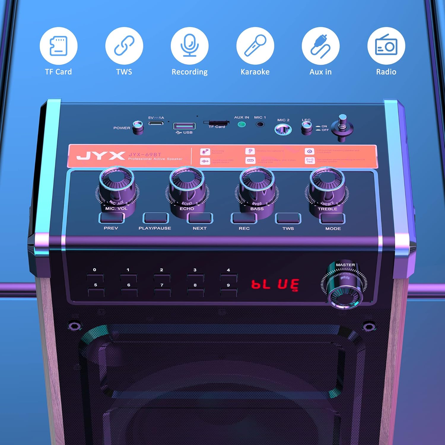 JYX Karaoke Machine with Two Wireless Microphones, Bass/Treble Adjustment and LED Light, Support TWS, AUX In, FM Radio, REC, Supply for Party/Meeting/Wedding - Wood Grain image number 5