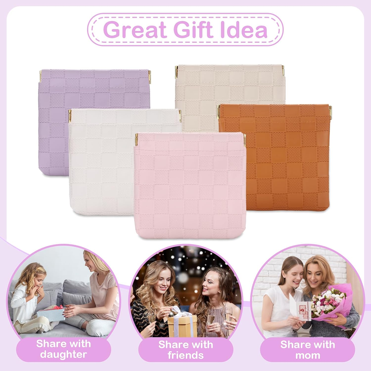 Sightor 2PCS Small Makeup Bag for Purse, Mini Cosmetic Bag Waterproof Pouch for Women, Checkered Purse Self-Closing Small Travel Kit Coin Lipstick Cosmetic Storage Bag, Pink, Purple, Checkered