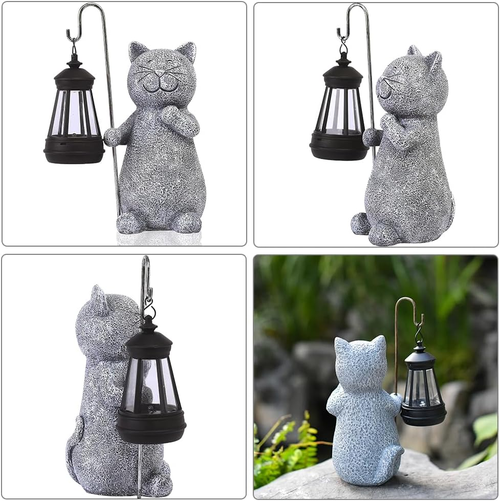 Cat Sculpture Figurine Light, Garden Lights Statue, Garden Ornaments Lantern Outdoor, 25.5 * 12 * 9.5Cm, Grey image number 6