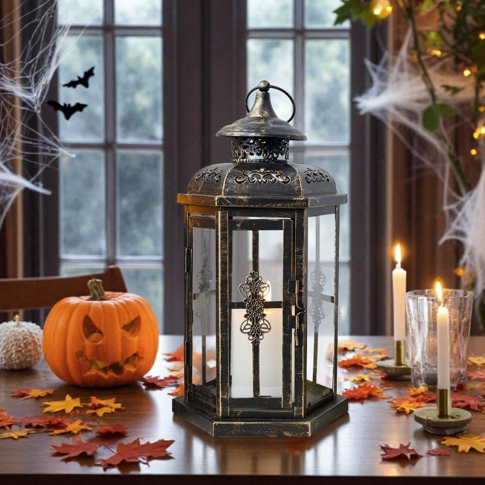 JHY DESIGN Medium Decorative Lanterns 12&ldquo;H Outdoor Candle Lanterns Vintage Metal Candle Holder for Indoor Outdoor, Events, Parities and Weddings(Black with Gold Brush) image number 1