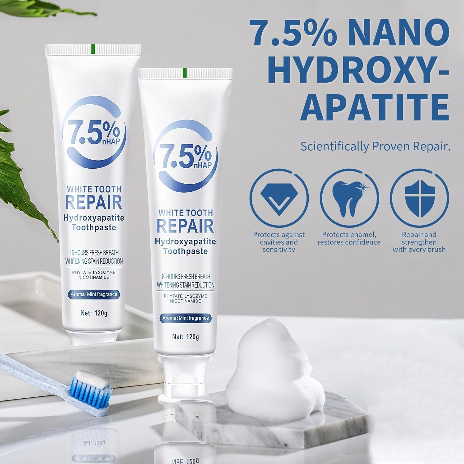 Hydroxyapatite Toothpaste, 7.5% Nano Hydroxyapatite Toothpastes for Enamel Protection and Tooth Strengthening, Gentle Mint, Fresh Breath, Daily Use for Oral Health, 4.23Oz (1)