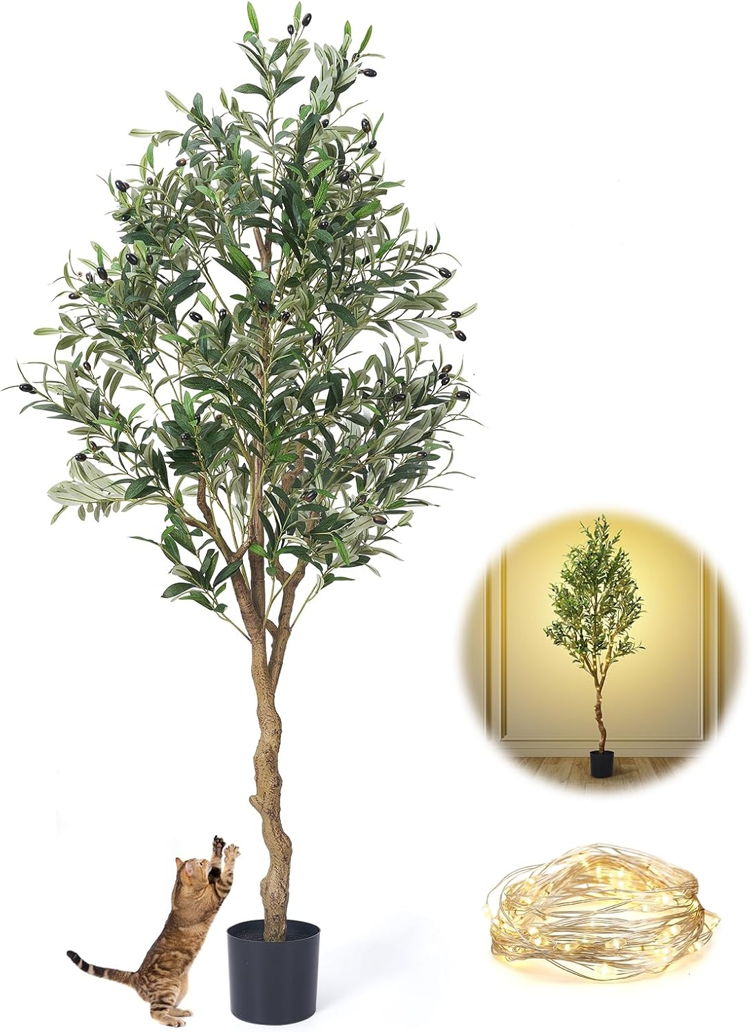 CQLITI Artificial Olive Tree- Artificial Plants Large Olive Tree Plant in Pot, Olive Tree Decoration for Home, Living Room, Bedroom, Office, Garden,210Cm,6.9Ft,83In,Including a 5-Meter LED Light Strip image number 6