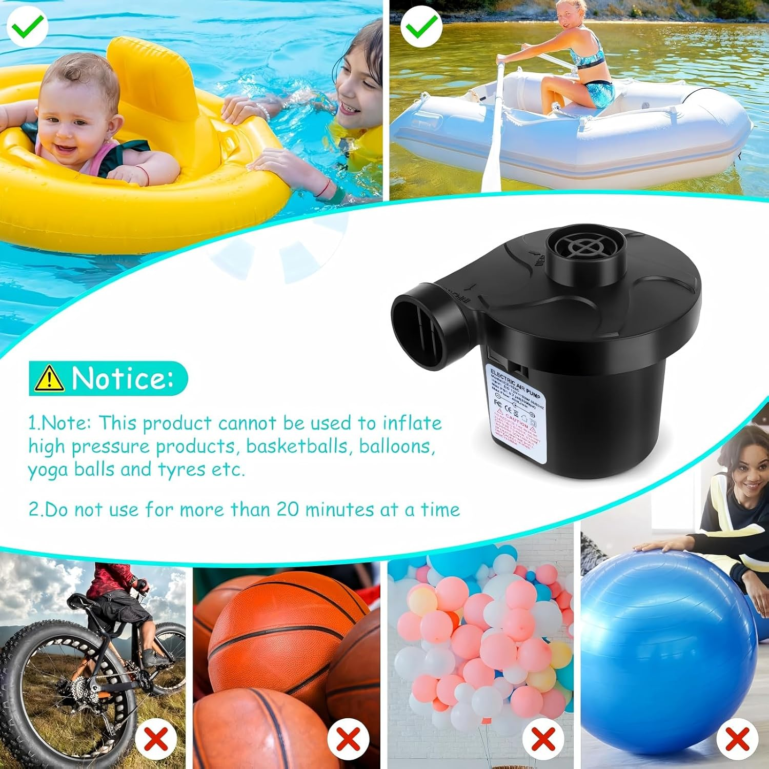 Electric Air Pump for Inflatables + 3 Nozzles, Perfect Home Inflator/Deflator Pumps Portable Quick-Fill, Ideal for Air Mattress Balloon Pump Swimming Rings Inflatable Boat Pool Floats Raft Sofa Kayak image number 2