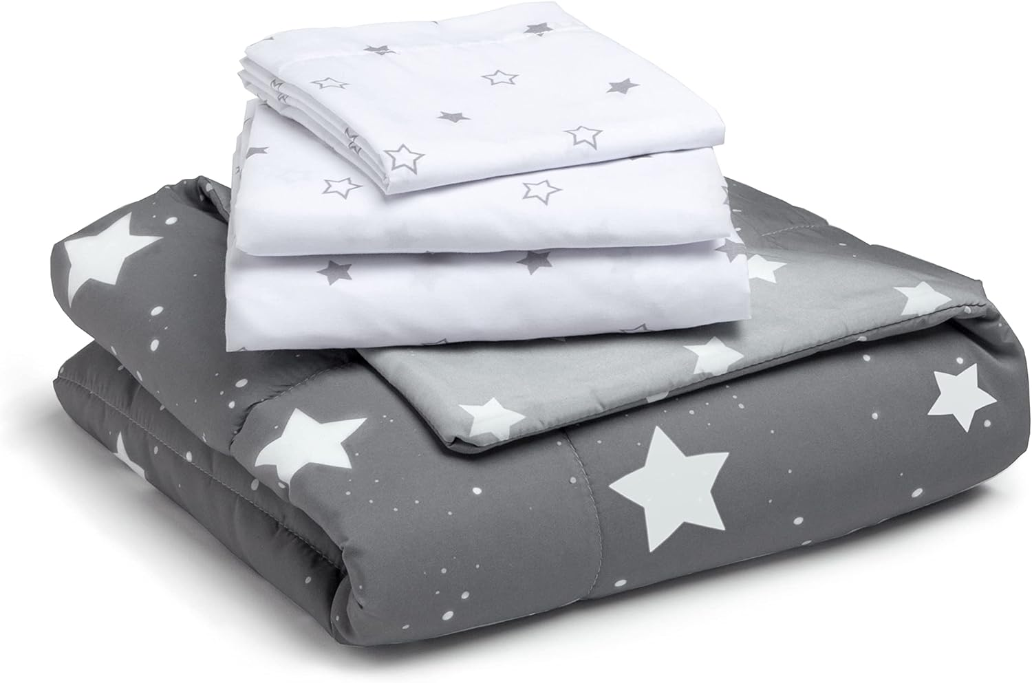 Delta Children 4 Piece Toddler Bedding Set for Boys - Reversible 2-In-1 Comforter - Includes Fitted Comforter to Keep Little Ones Snug, Bottom Sheet, Top Sheet, Pillow Case - Dusty Skies, Grey Stars image number 1
